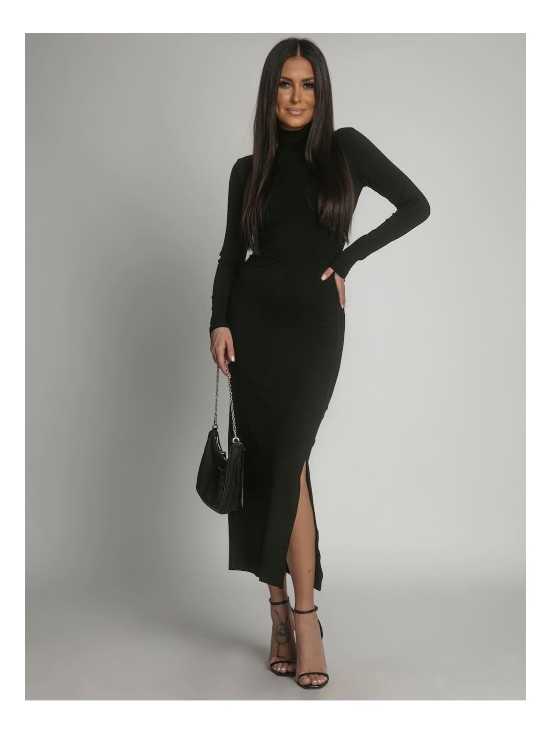 Smooth dress with long sleeves and a turtleneck, black FG678